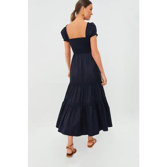 TUCKERNUCK Tory Burch Navy Maxi Dress XL Puff Sleeve Tiered Quiet Luxury NWOT - Picture 2 of 15